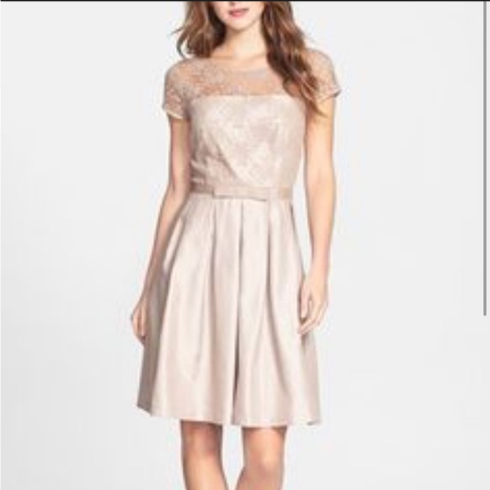 Taylor Nordstrom Gold Lace Shantung Fit & Flare Dress Size 2 Wedding Cocktail